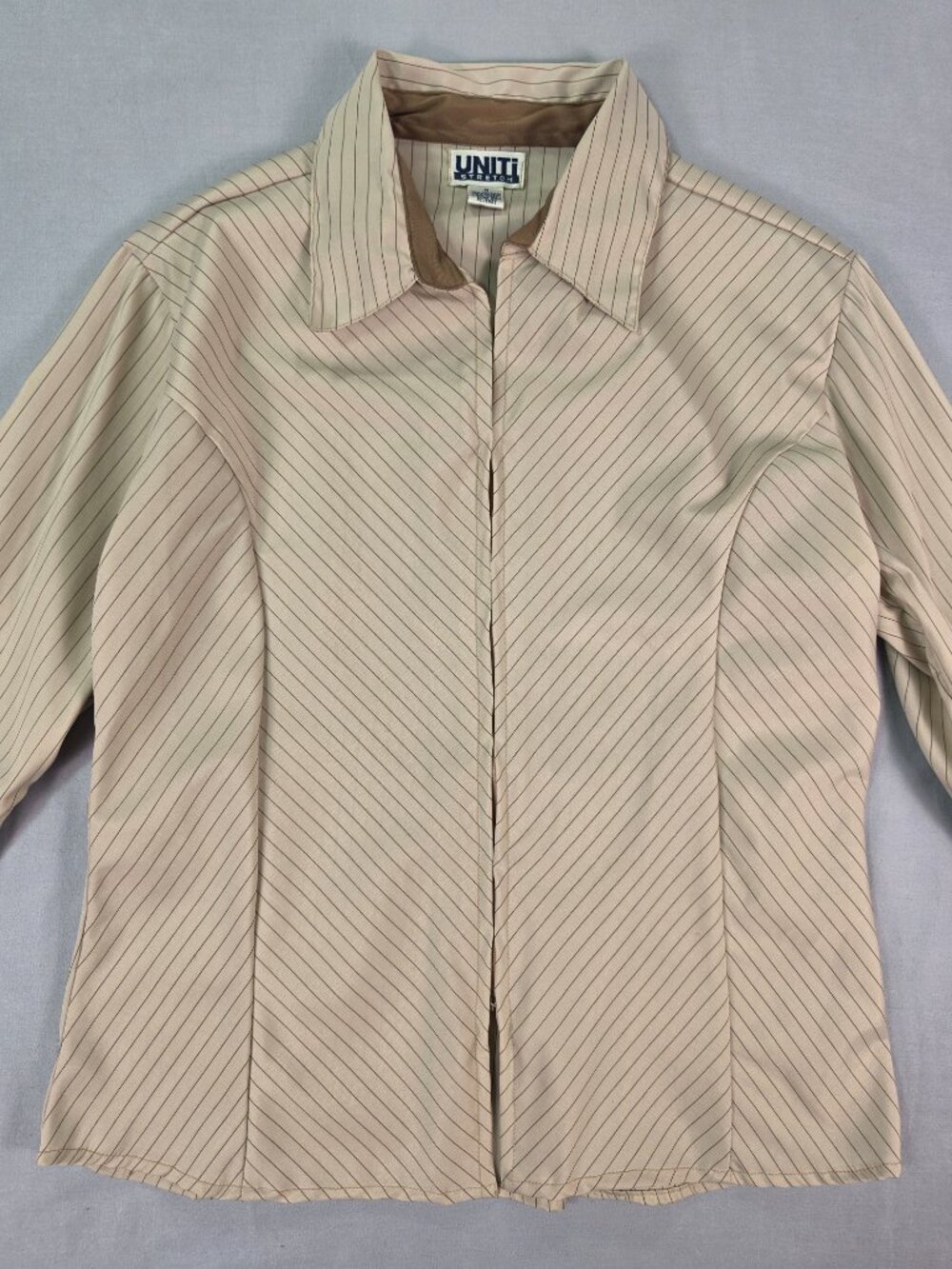 Y2K Uniti Stretch Tan Pinstripe Zip Front Blouse Medium Office Siren